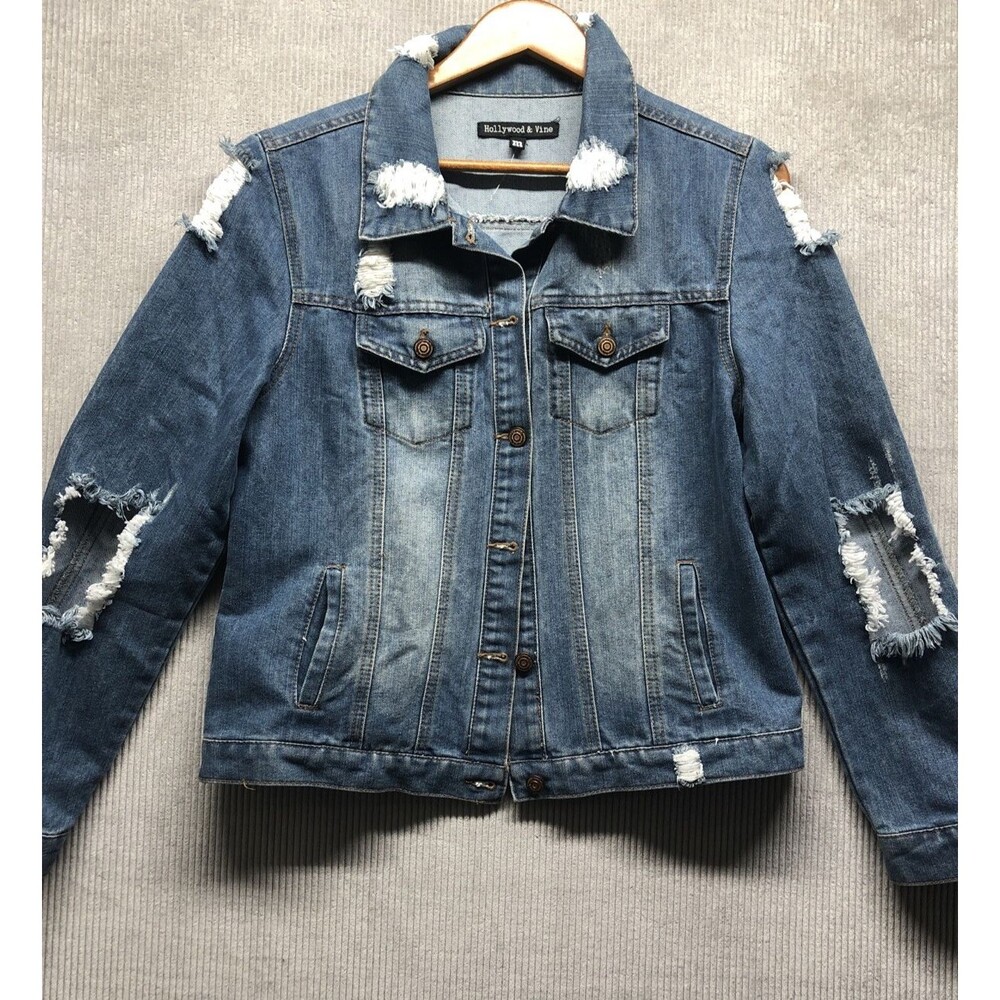 Hollywood & Vine Denim Jacket Women M Distressed Trucker Biker Grunge Y2K